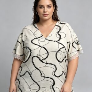 Tunique grande taille blanche imprimée avec détails en dentelle