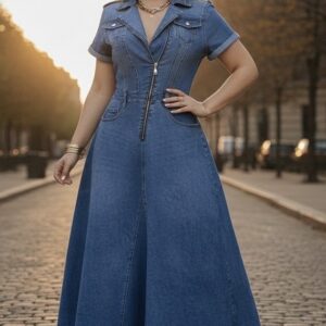 Robe longue en jean grande taille – Coupe évasée esprit perfecto